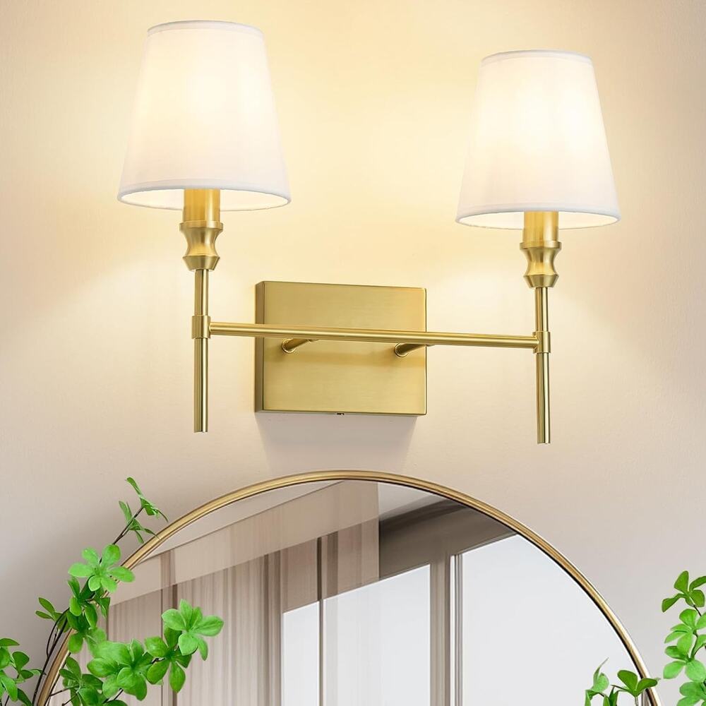 2-Light Brushed Brass Bathroom Vanity Light with White Fabric Shades